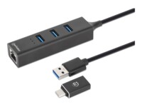 MANHATTAN 3-Port USB 3.0 Typ-C/A Kombo-Hub + Netzwerkadapter