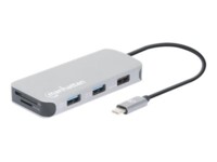 Manhattan USB-C Dock/Hub with Card Reader, Ports (x6): Ethernet, HDMI, USB-A (x3) and USB-C, With Power Delivery (10W) to USB-C Port (Note additional USB-C wall charger and USB-C cable needed), Cable 15cm, Aluminium, Silver, Three Year Warranty, Retail Bo