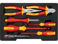 VDE Werkzeug-Set gemischt, 7-teilig (rot/gelb, Seitenschneider, Spitzzange, 4 Schraubendreher, Abmantelungsmesser)