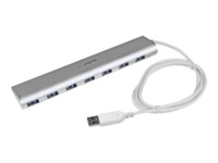 StarTech.com 7 Port Compact USB 3.0 Hub with Built-in Cable - Aluminum USB Hub - Silver USB3 Hub with 20W Power Adapter (ST73007UA) Sølv