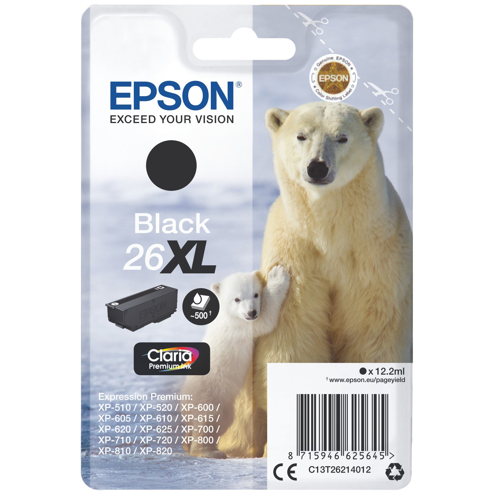 Epson 26XL Sort 500 sider Blæk C13T26214012