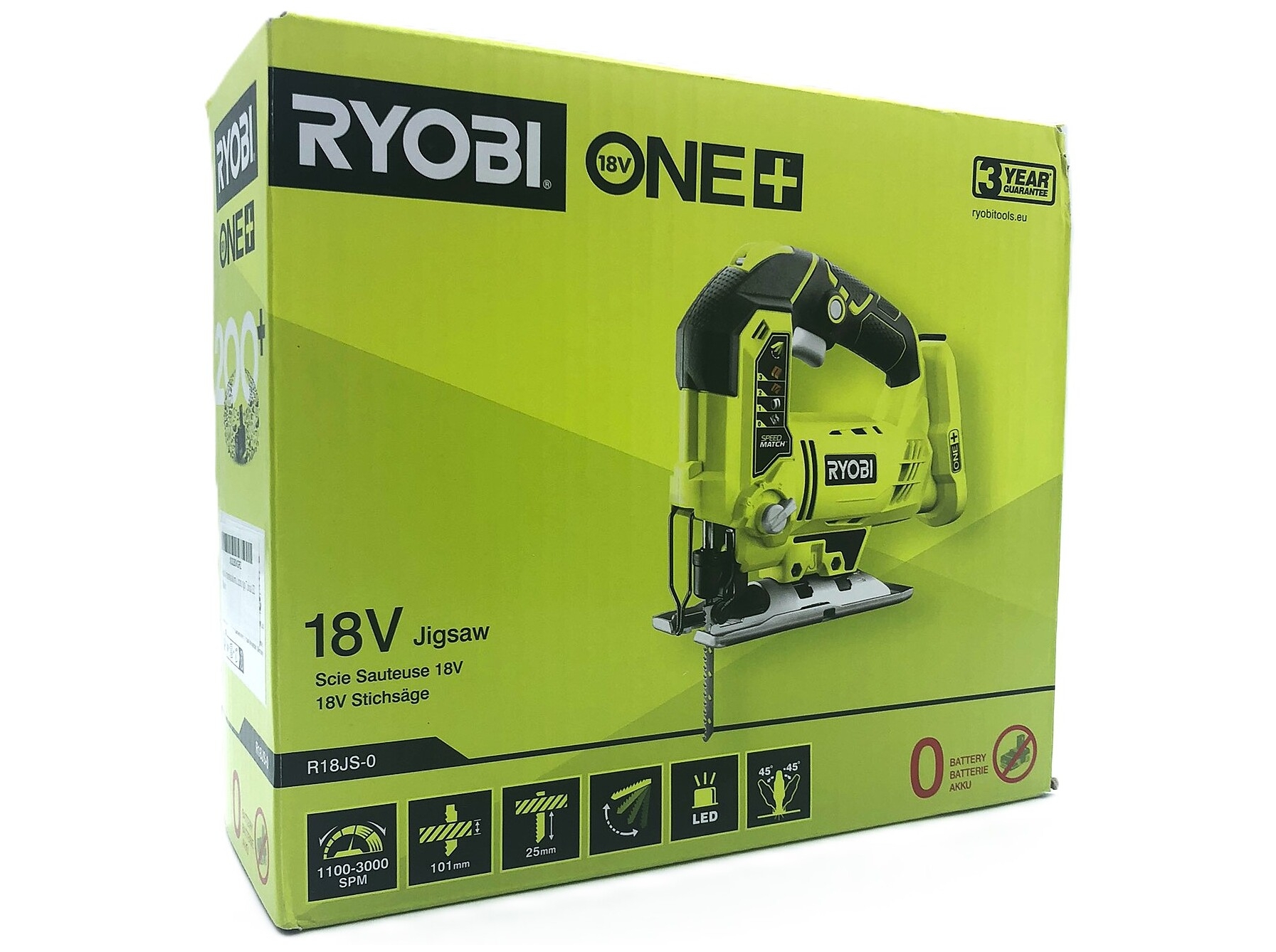 Ryobi One+ R18JS-0 Stiksav 18V Batteri og lader ikke inkluderet