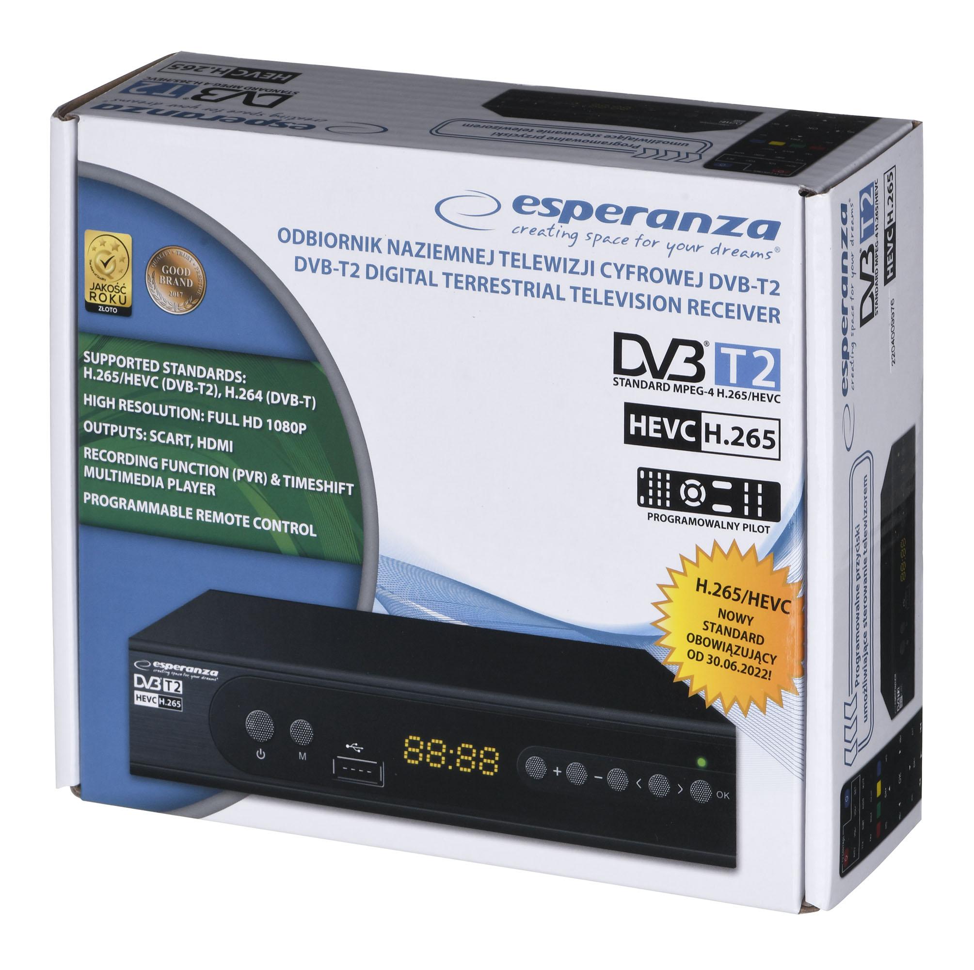 Tuner TV Esperanza Tuner DVB-T2 EV106P H.265 +USB/HDMI/EURO